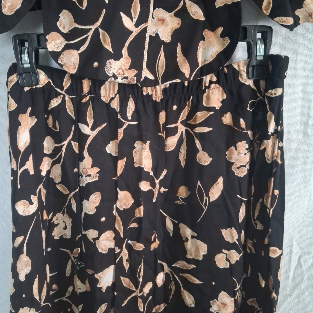 VTG Whirlaway Frocks Rayon Skirt Set Floral Black Tan Made in USA Size 16WP