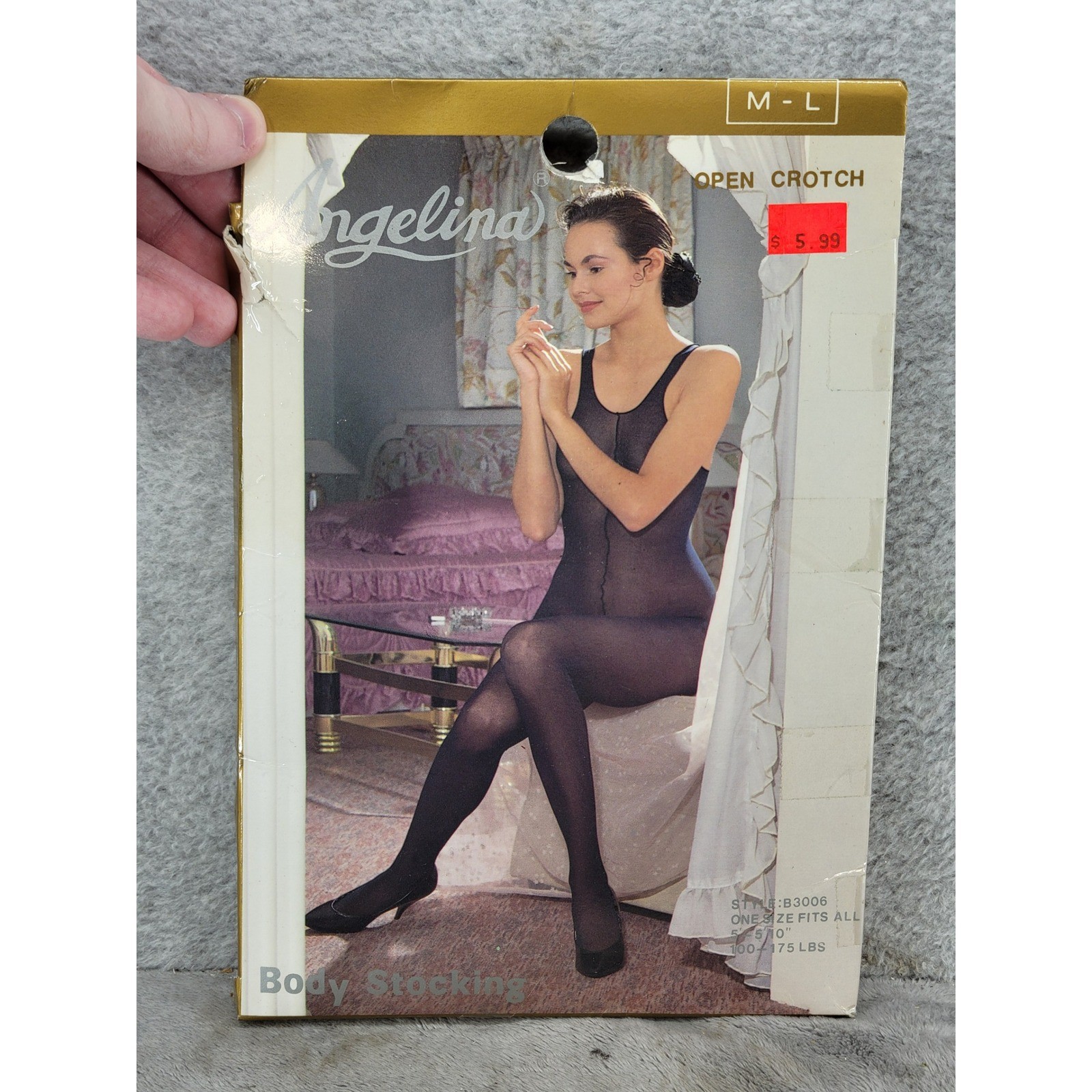 Angelina Vintage Black Open Crotch Body Stocking B3006 One Size M-L 100% Nylon