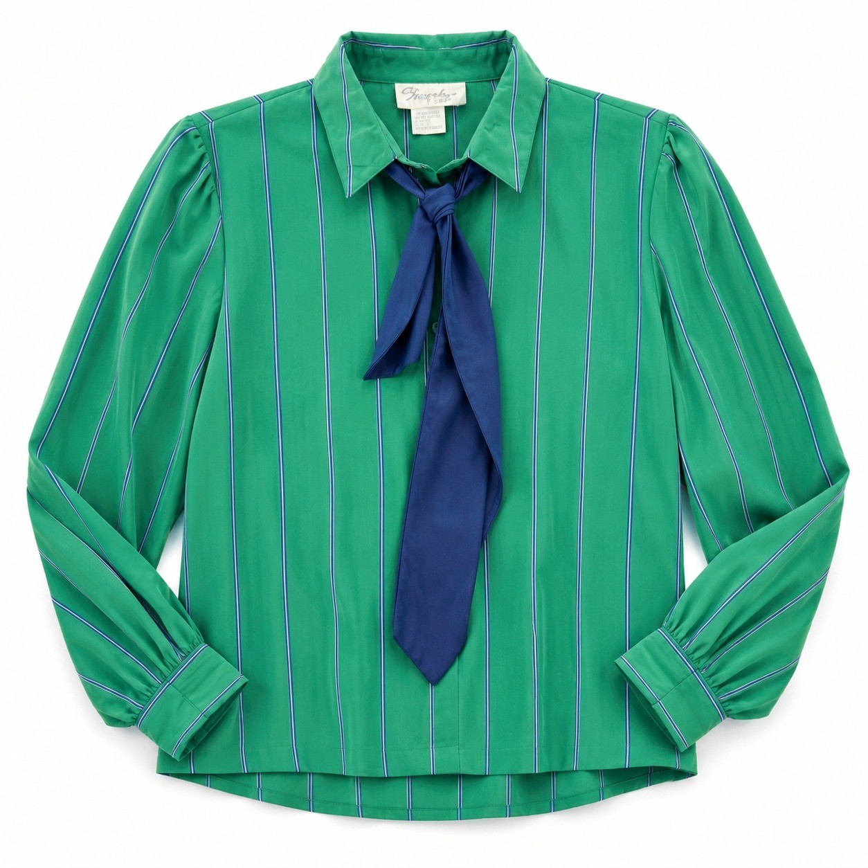 True Vintage 70s Shapely Blue Green Stripes Nautical Pussy Bow Tie Retro Colors