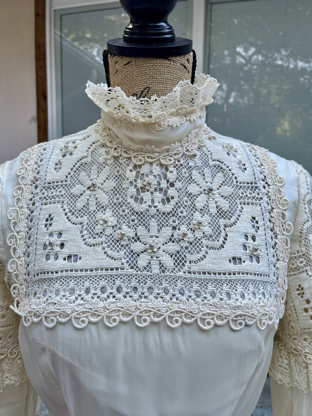 Vtg 70s Victorian Boho Wedding dress high neck beaded lace Cottage Core Prairie￼
