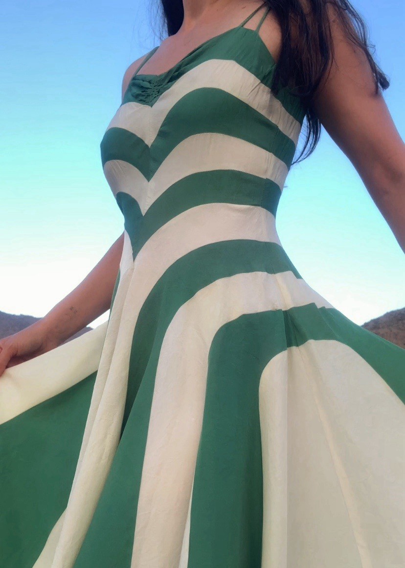 1940s Radial Stripe Rayon Taffeta Maxi Gown
