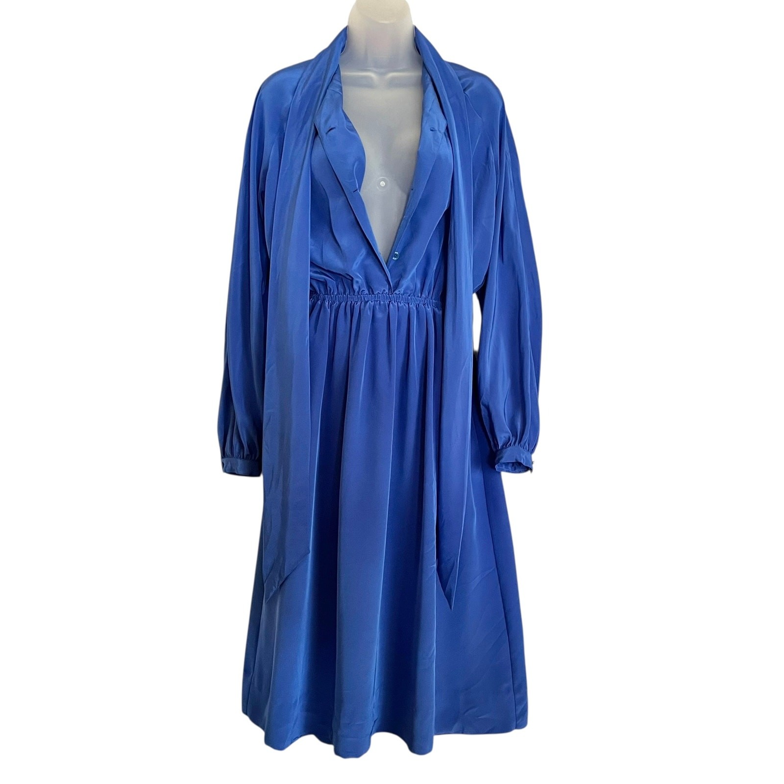 Vintage Halston III Blue Satin Tie-Neck Blouson Midi Secretary Shirt Dress XS/S