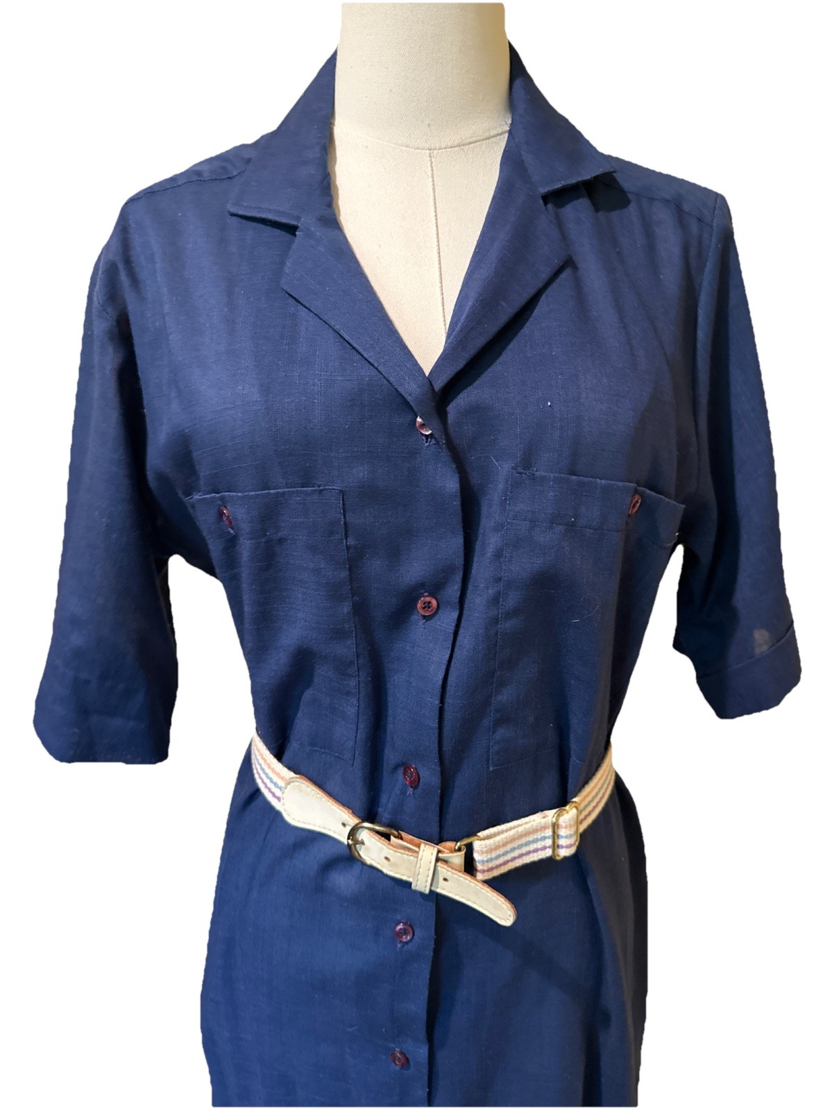 Vintage ShirtMaker 1950s Navy Button Down Shirt Dress With Cream Belt Size 14P