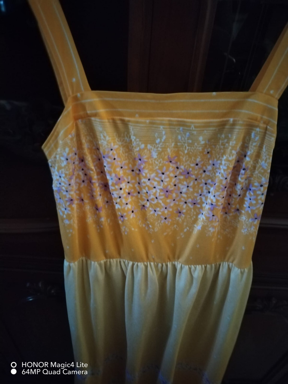 Yellow floral dress, vintage late ’70s, Corelle brand, size 46, made in Italy