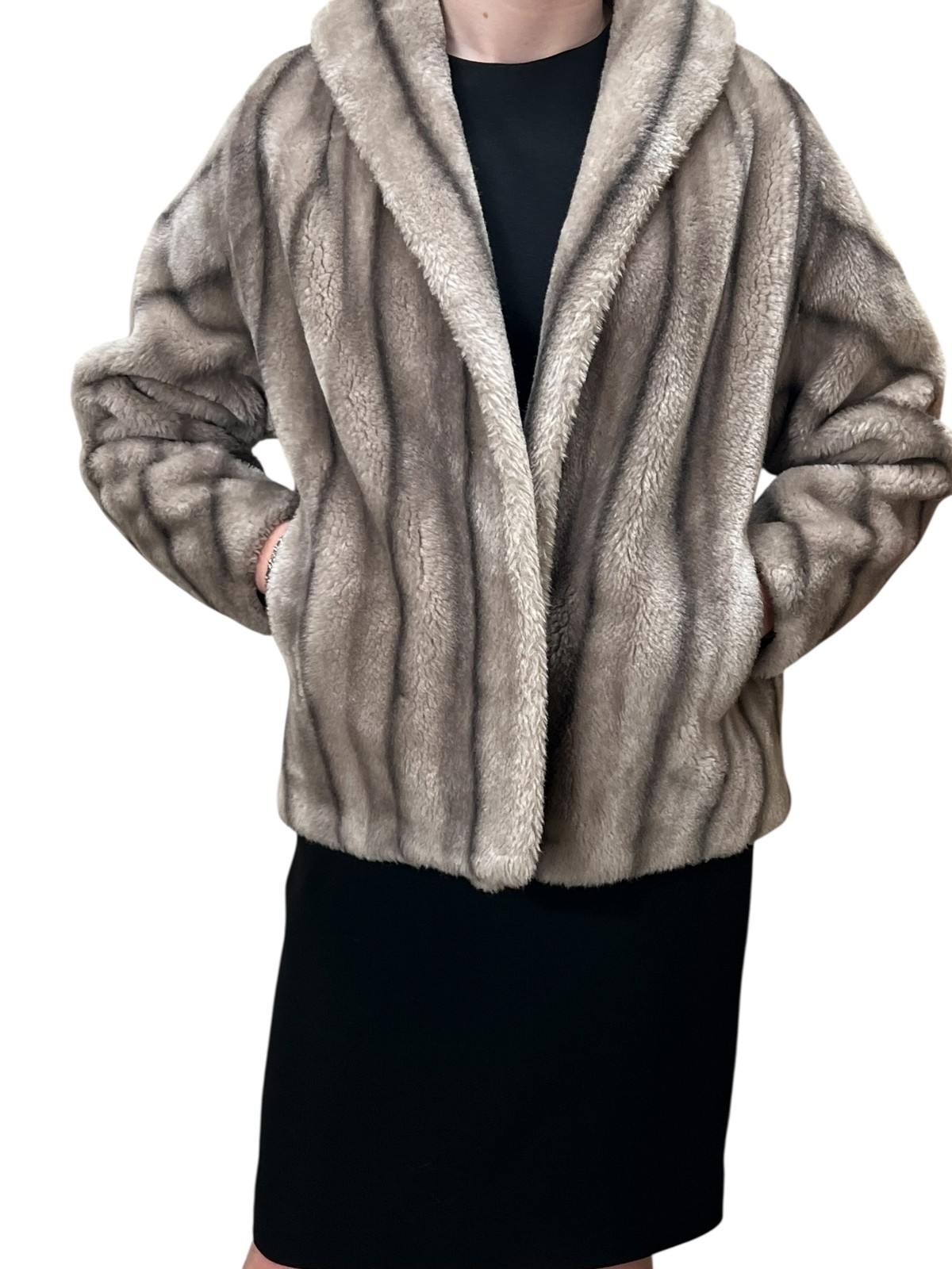 Vtg 50 60s Sz S~M~Sm L FAUX FUR Jacket Coat Silver Dark Stripe Stroller Wrap