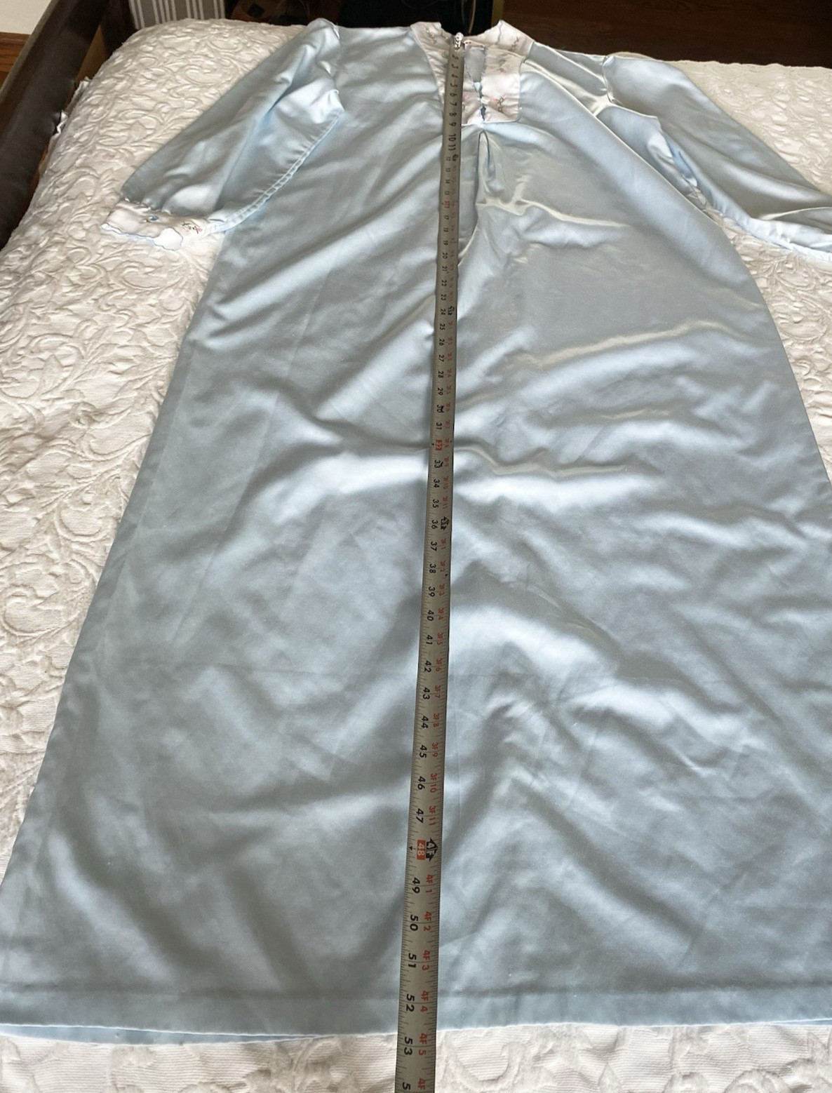 Vtg Jodie Arden Blue Satin Nightgown M Embroidered Floral Scallop Trim Long READ