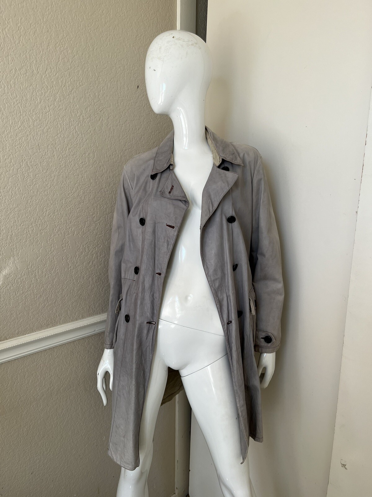 NIGEL PRESTON VINTAGE 90’S RARE! Gray Leather Double Breasted Lined Trench Coat