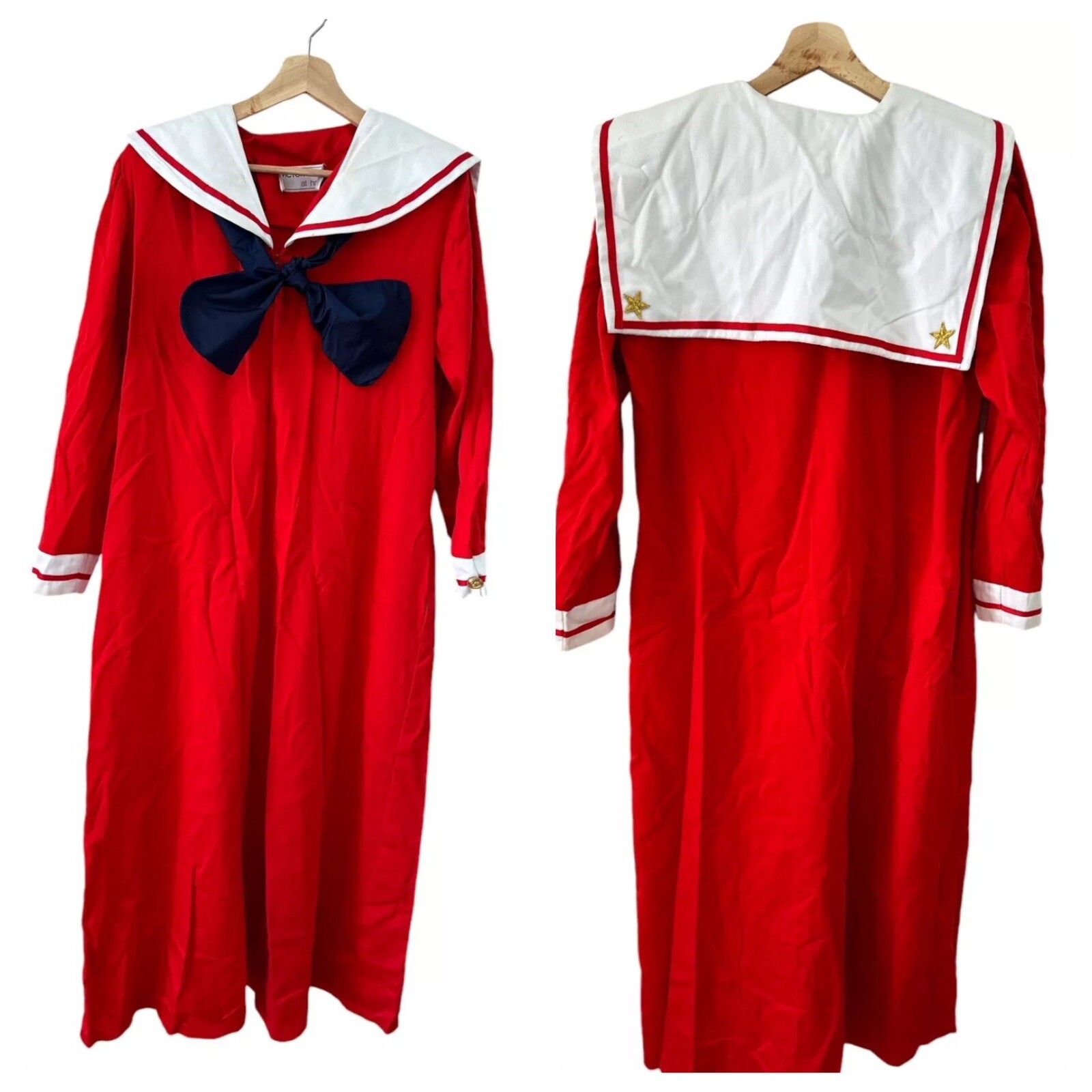 Vtg Victor Costa At Home M/L Maxi Dress Kaftan Muumuu Sailor Nautical Red Navy