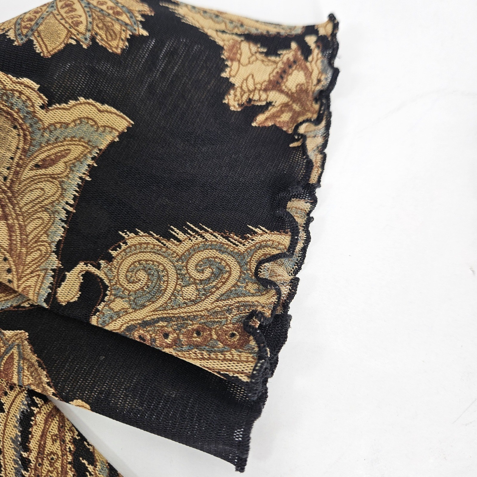 Wet Seal Vtg Y2K Paisley Mesh Long Bell Sleeve Top Black Gold Velvet Curl Trim L