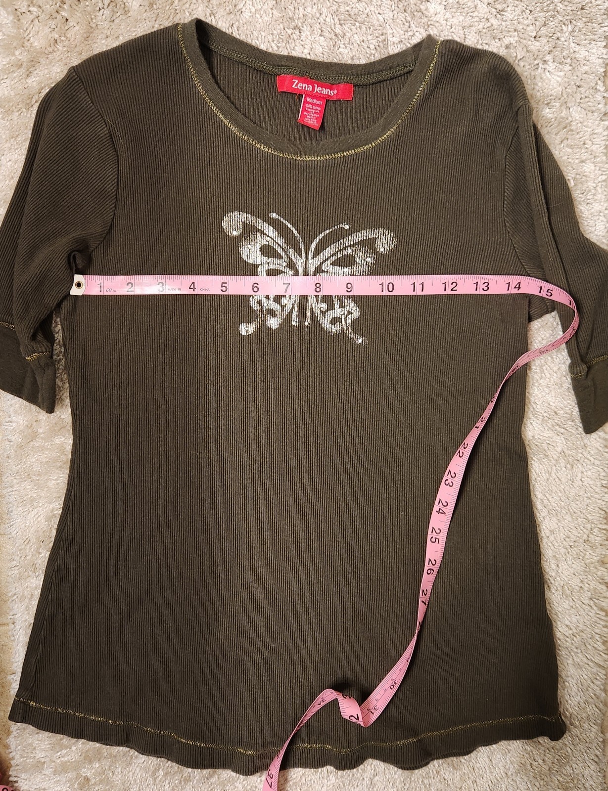 VTG 90s Y2K Army Green Metallic Butterfly Top 3/4 Size Sleeve Top Women’s M