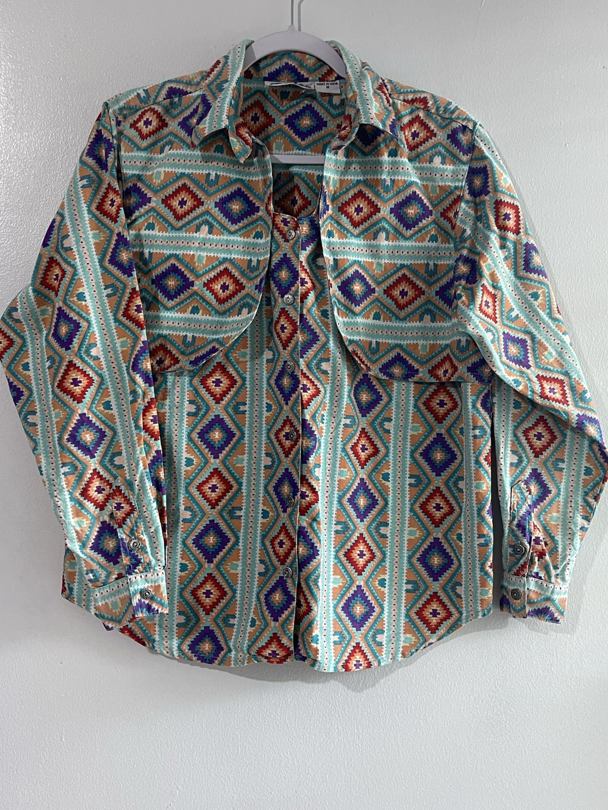 Vintage 90s Rodeo Western Wear Southwestern Aztec Shirt Womens M Concho Button