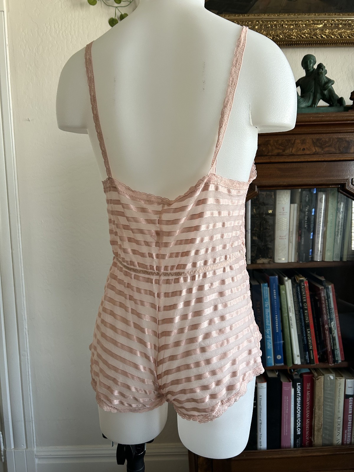 Vintage 70s Lily of France Sz Medium M Pink Sheer Striped Lingerie Romper Teddy
