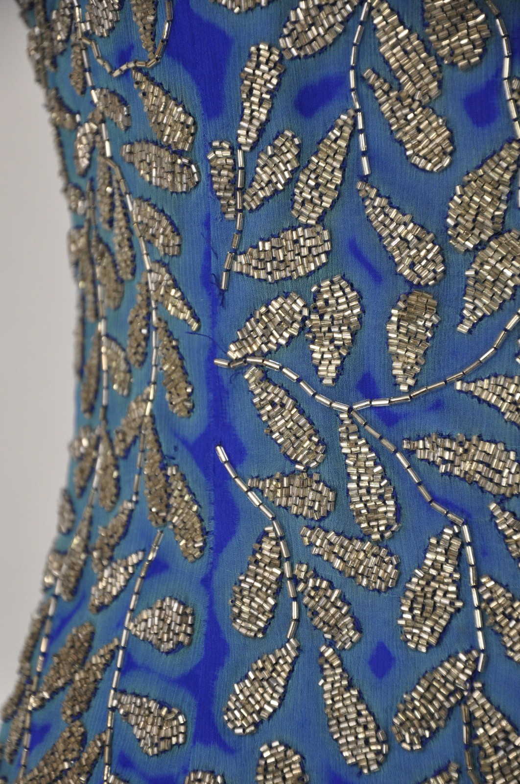 80s Vintage Blue Silk Silver Beaded Jeweled Leaves Backless Halter Mini Dress S