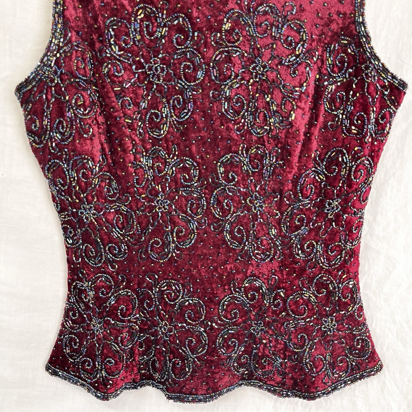 Vintage Paradise NY Beaded Velvet Floral Sleeveless Top Maroon Zip Size Small S
