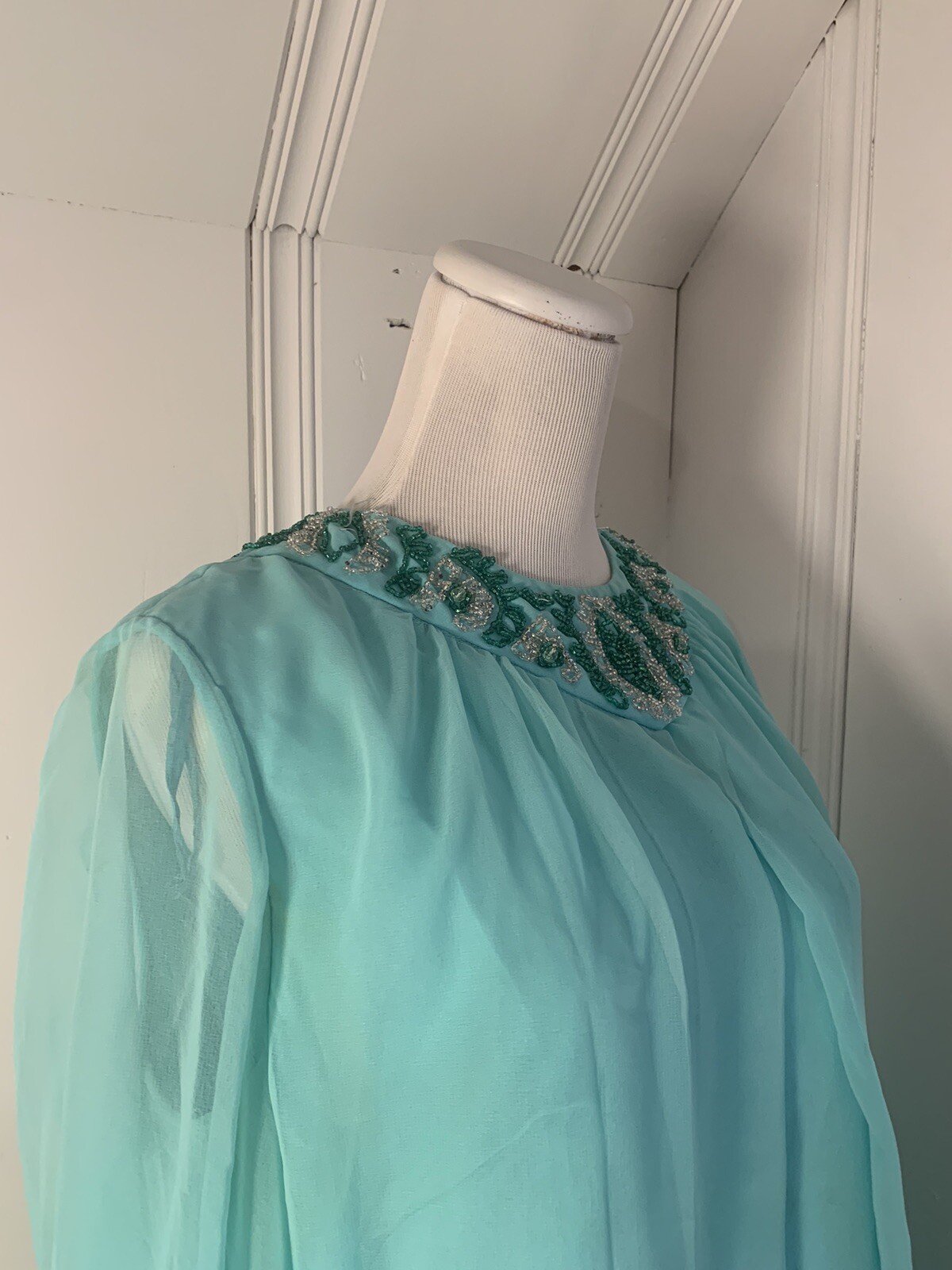 Vintage 1960S Gown It’s An Elgin Dress Teal Beaded Long Boho Chic Retro
