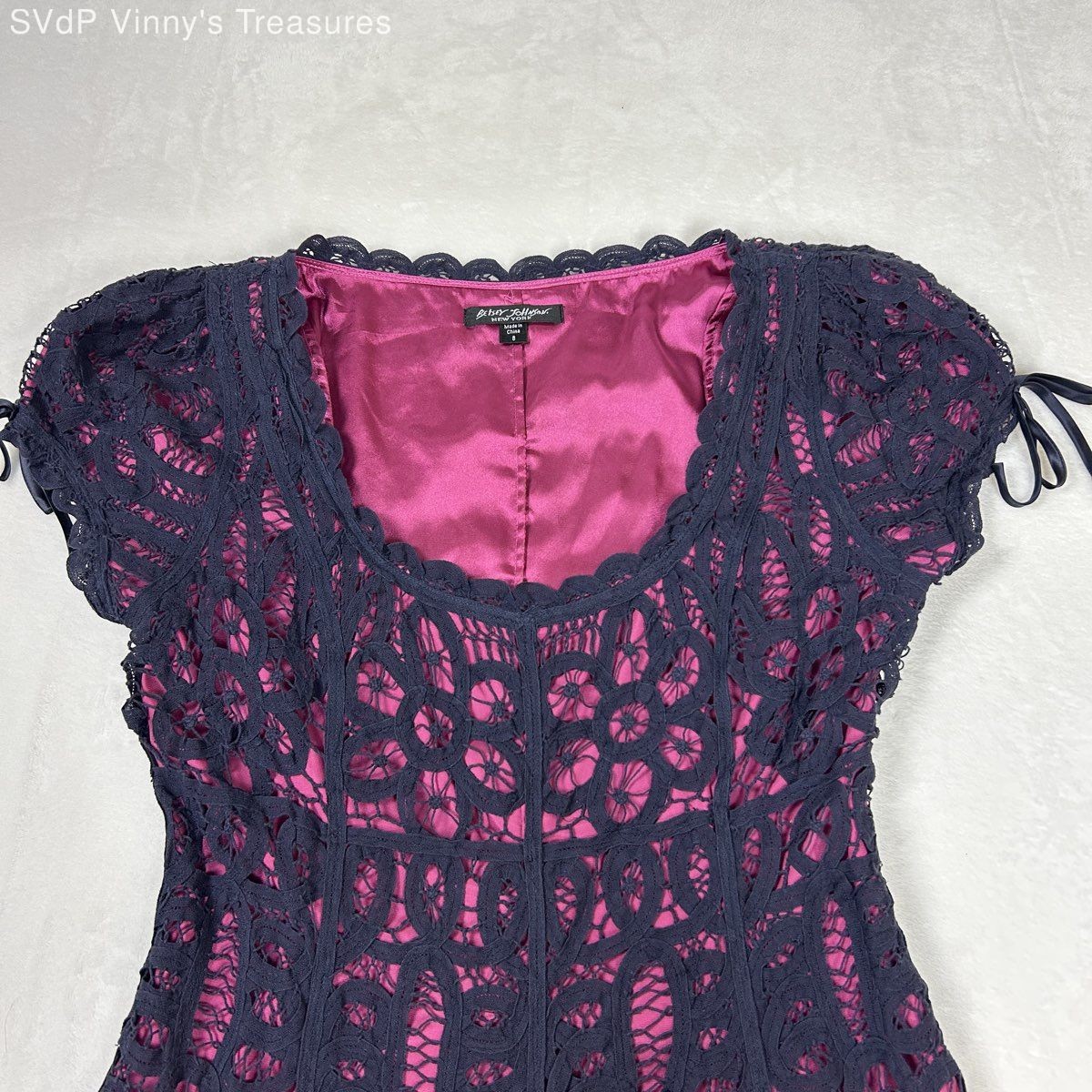 Vintage Y2K Betsey Johnson Women’s Navy Pink Floral Lace Silk Lining Dress Sz 8