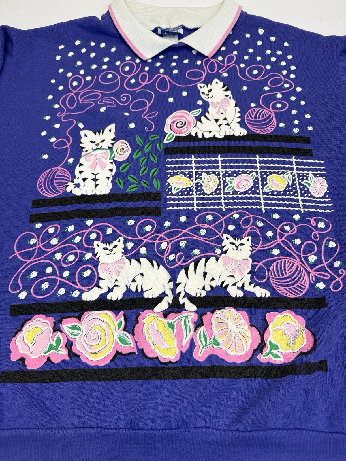 Vtg Quips Purple CAT Kitten Sweatshirt Collared 80’s 90s Granny Sz Med/large