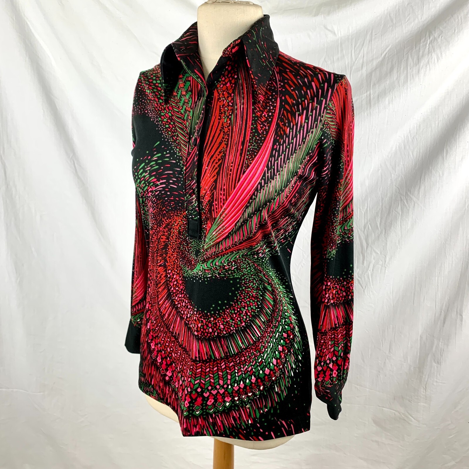 1970s Lanvin Psychedelics Top sz 10 Polyester Long Sleeve Point Collar Excellent