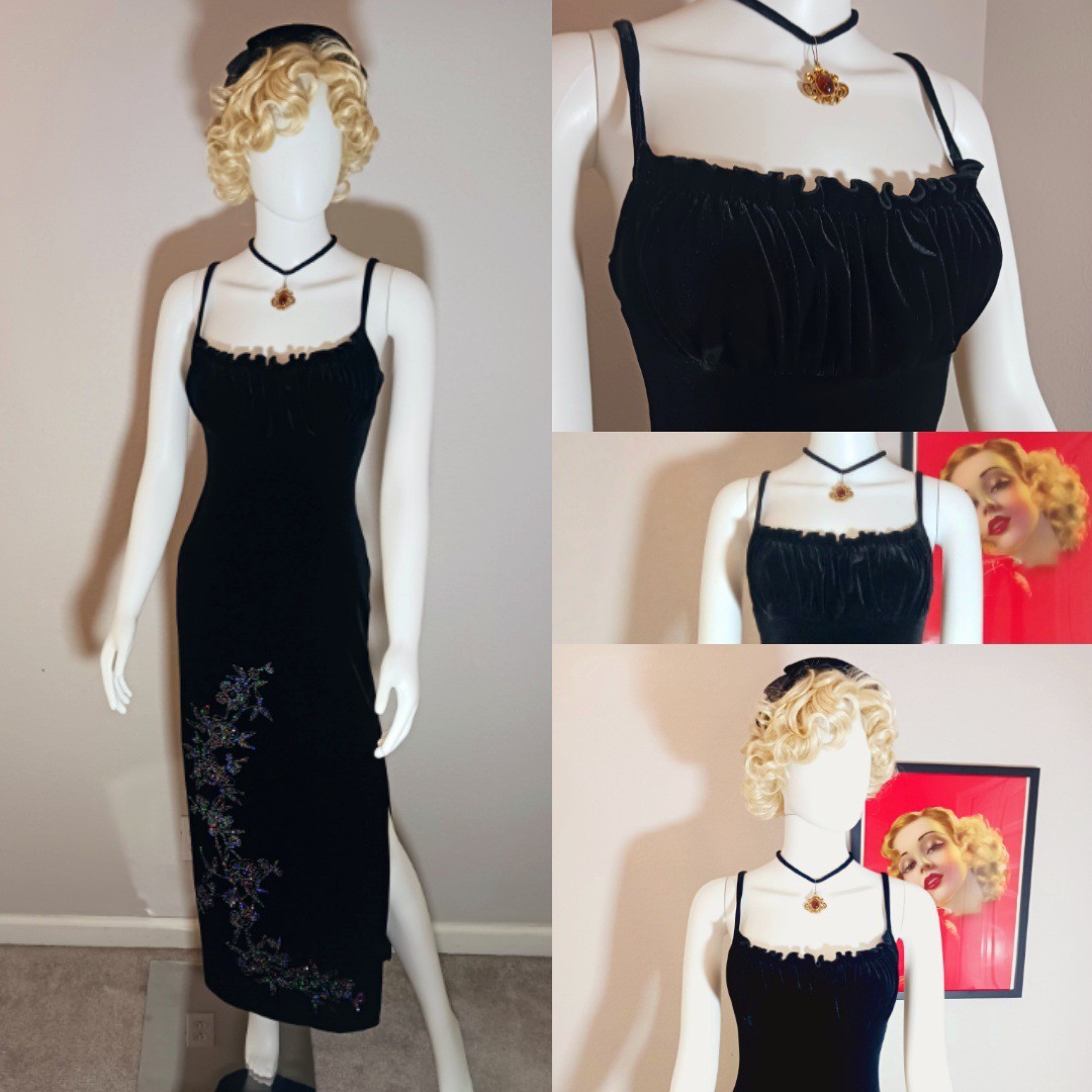 Status Collection VTG 90s Y2K Black Velvet Glitter Evening Gown gathered bust S