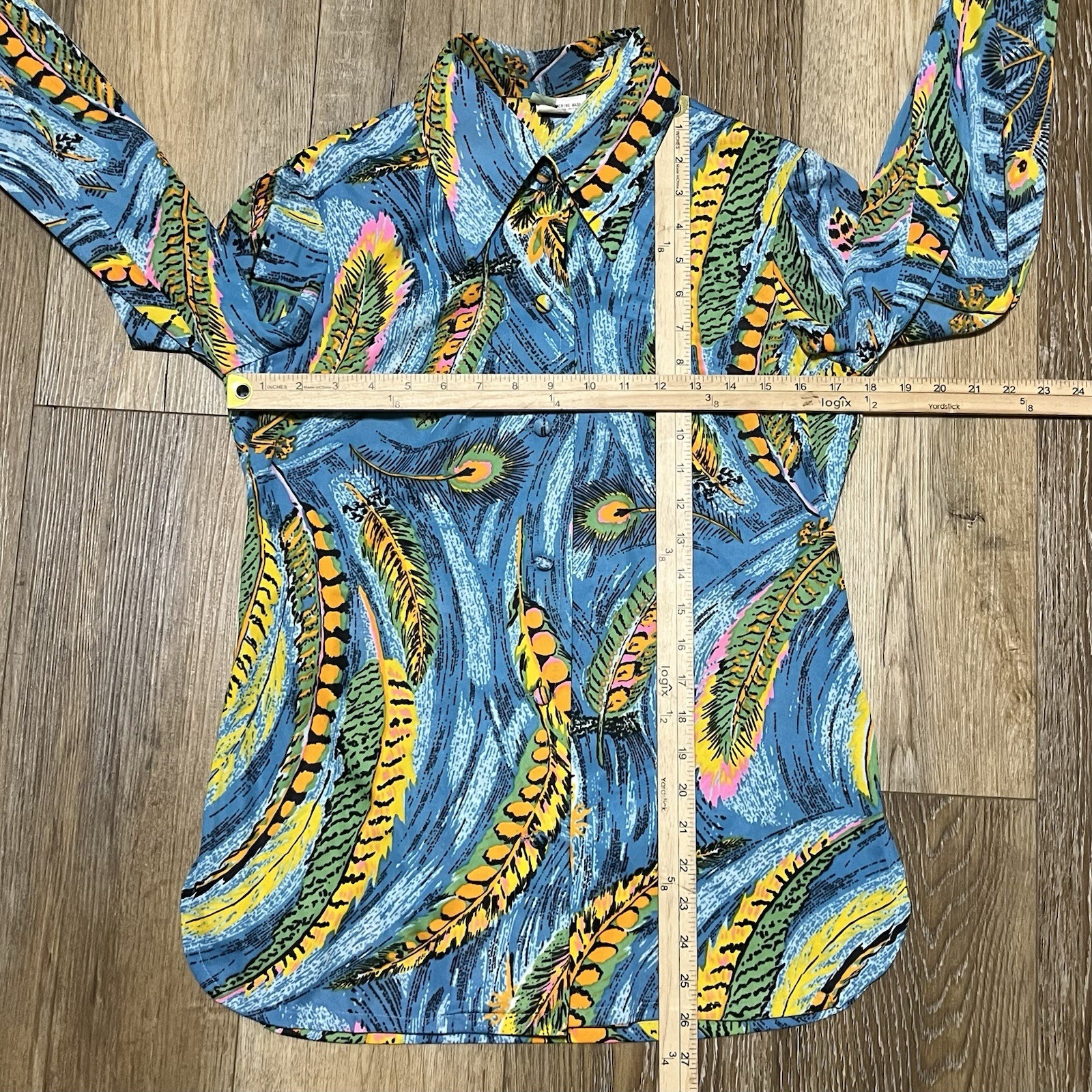 Vtg 1970’s Blue Peacock Feather Print Button Up Blouse Size 10 Retro Disco Mod