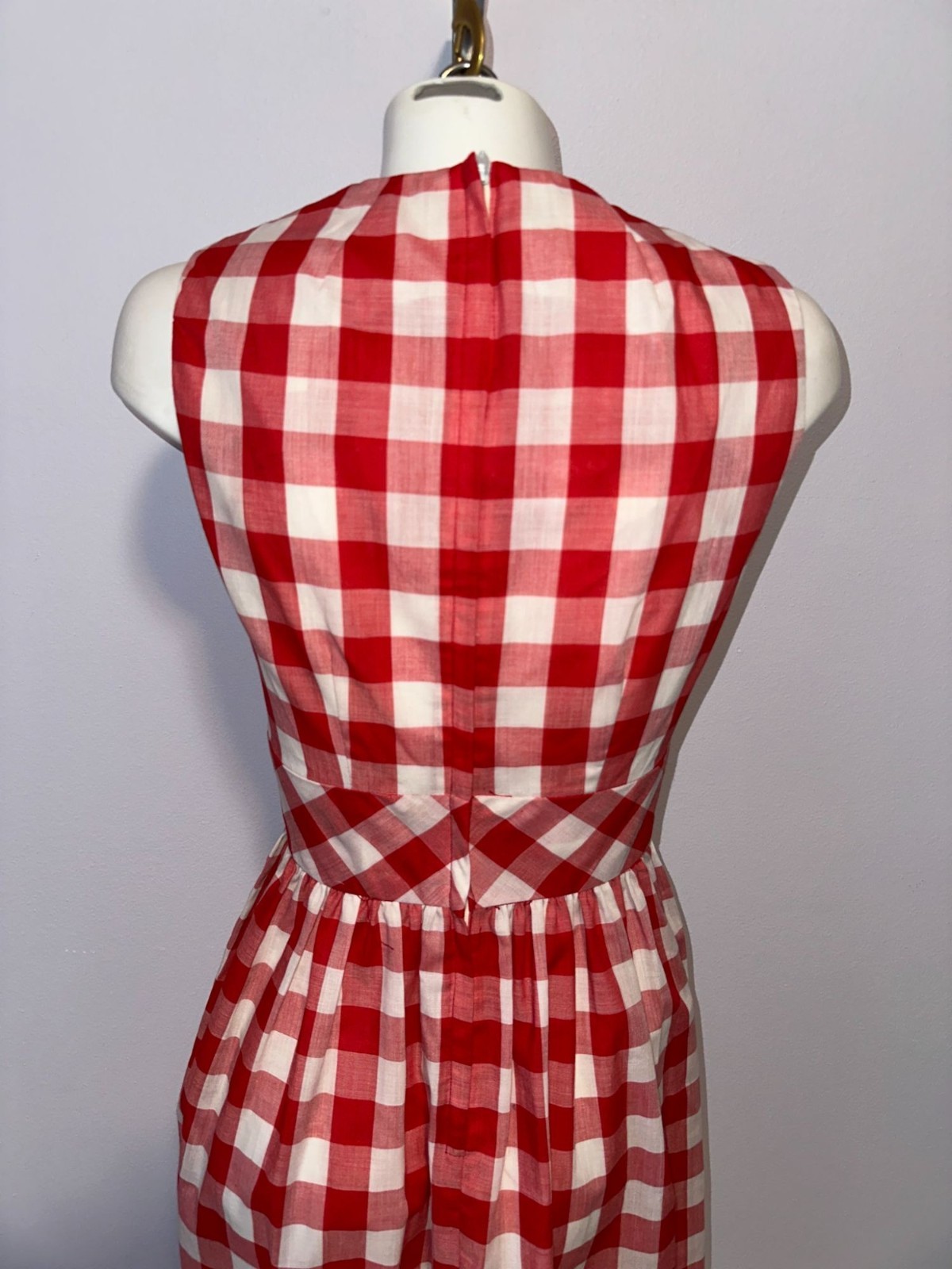 Vintage 70s Red Gingham Maxi Dress Concept Swirl Umbrella Applique Picnic 10