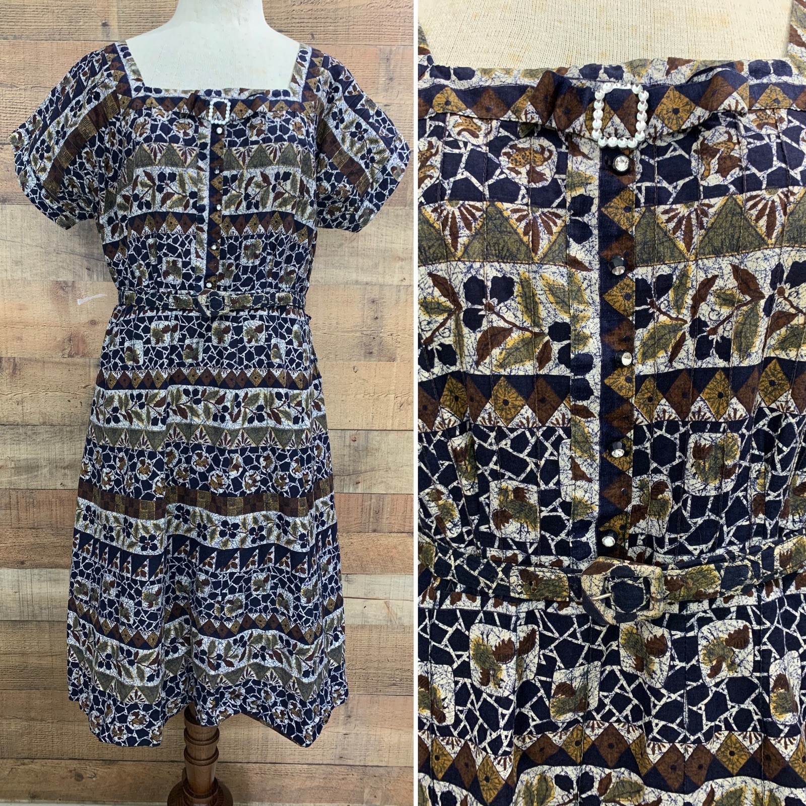 Vintage early 1950’s Batik Cotton Side Metal Zipper Belted Dress Bust 42”/35” W