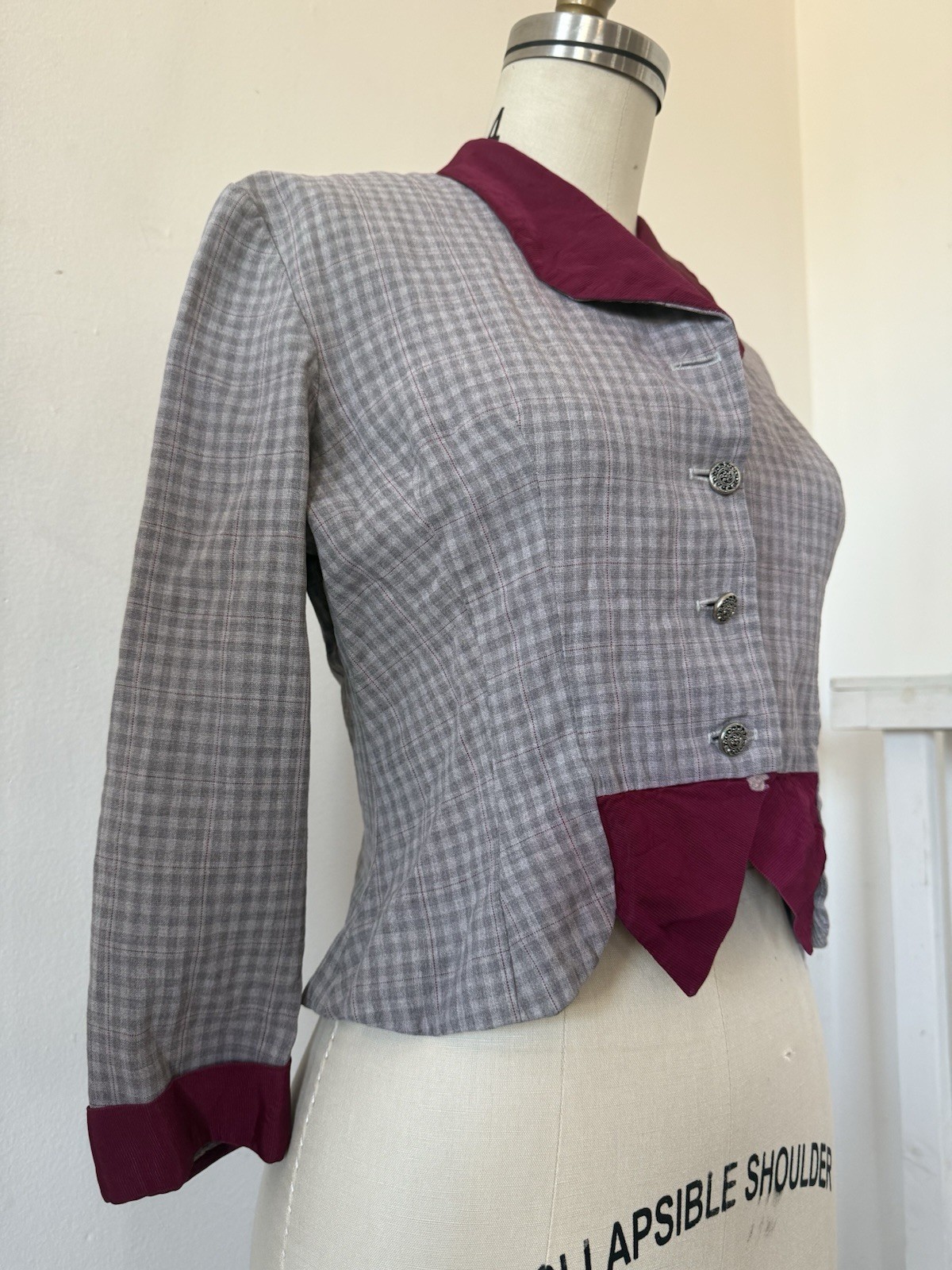1940s Plaid Rayon Structured Peplum Jacket/Bodice Top W/ Contrast Faille Trim S