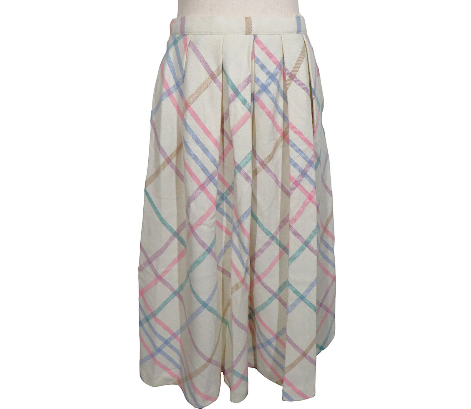 Vintage TOMBOY Poly Wool Blend Pastel Plaid Pleated Midi Skirt -Pockets- Size M