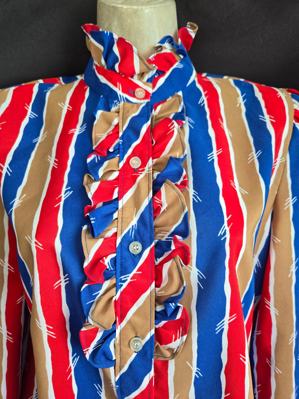 Vtg 70s 80s Ruffle Neck Prissy Secretary Suit Blouse BOLD Stripes Red Tan Blue