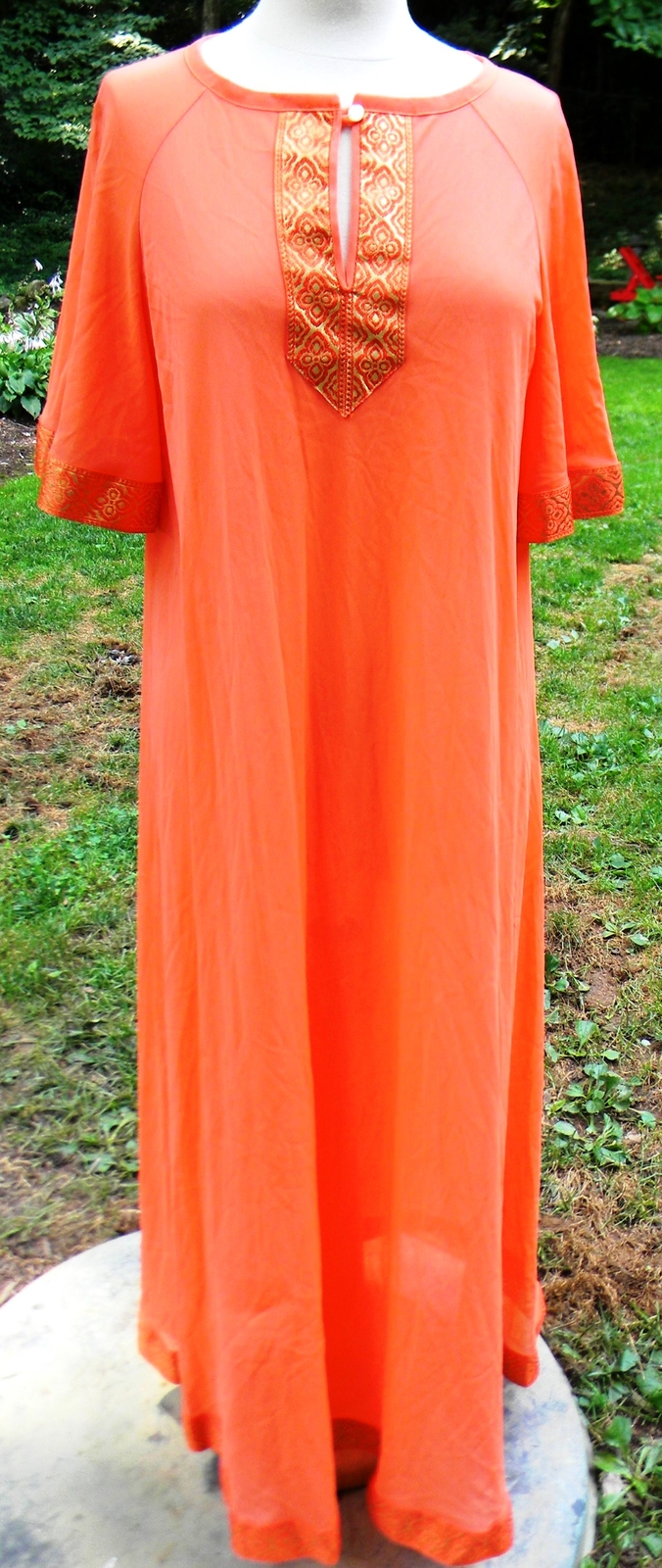 Vintage Enka Crepeset Mistee Nightgown Loungewear Orange Gold Trim Caftan Robe M