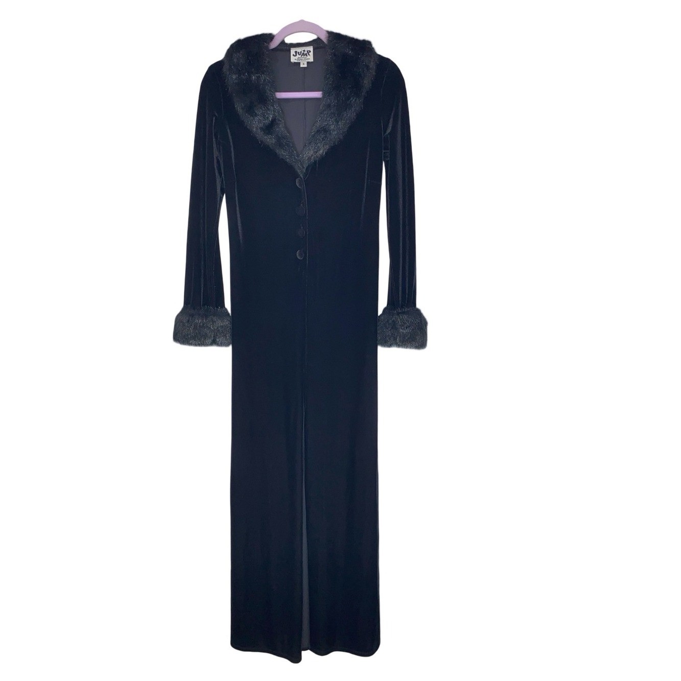 Vintage 90s Jump Apparel Black Velvet Faux Fur Trim Maxi Duster Cardigan