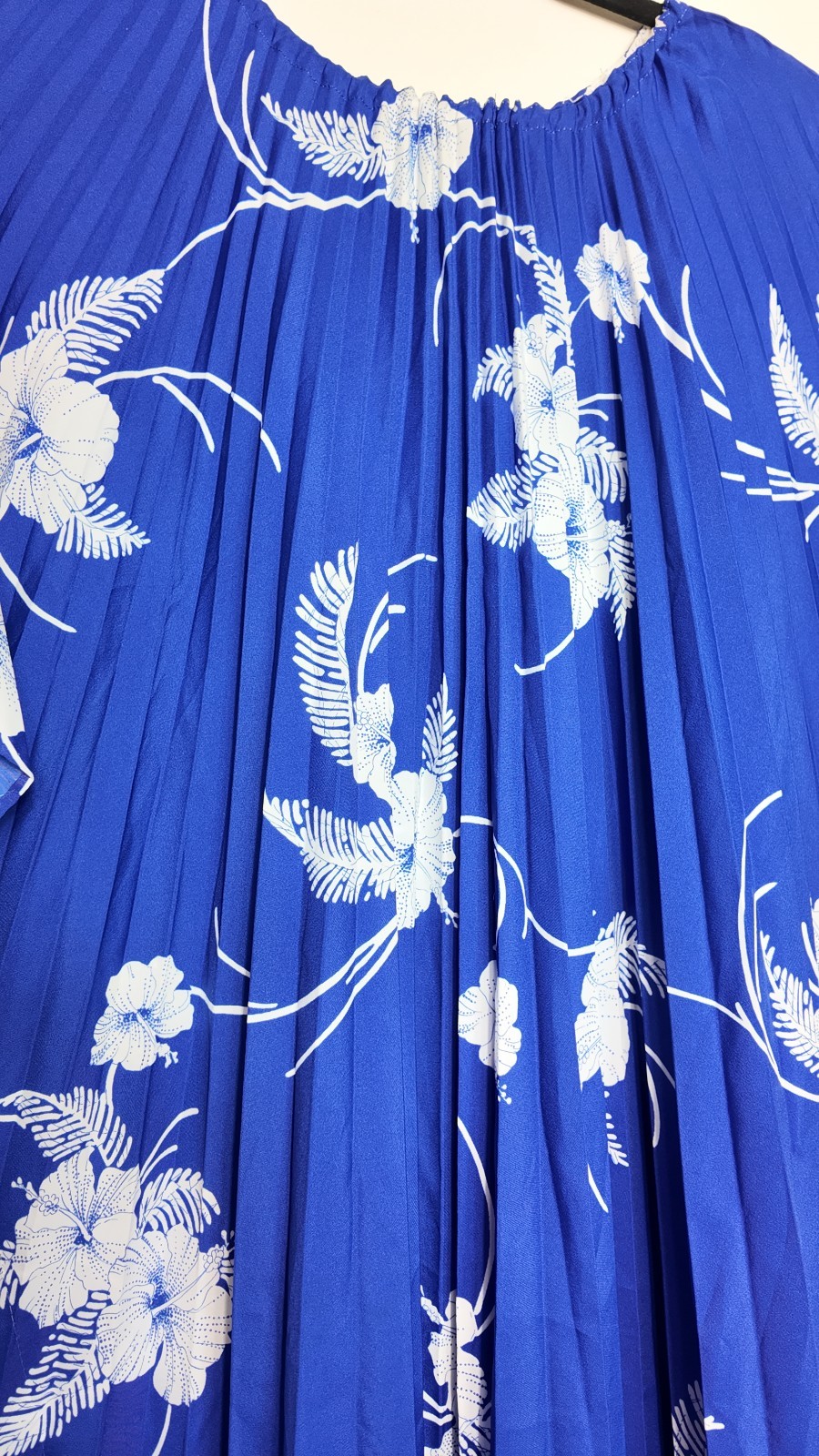 Vintage 70s 80s Royal Palm Hawaii Blue Pleated Kaftan Hibiscus Floral Dress