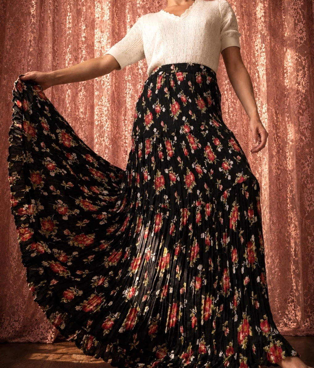 1990s rose rayon full sweep dark romantic skirt