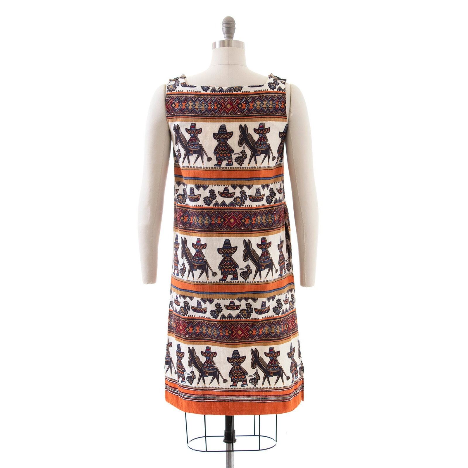 Vintage 1960s Sundress 60s Mexican Striped Novelty Print Cotton Shift Dress