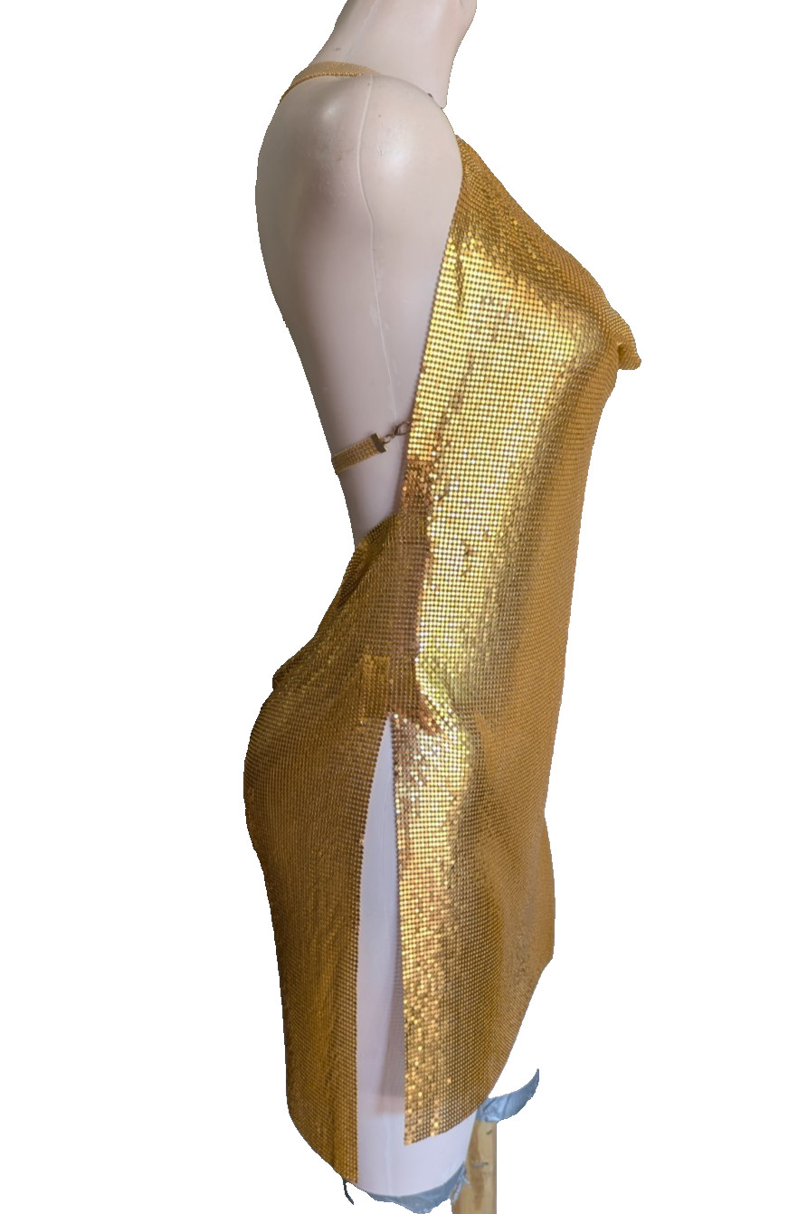 Authentic Vintage Studio 54 Dress Liquid Gold Seamless Mesh Chainmail Metal