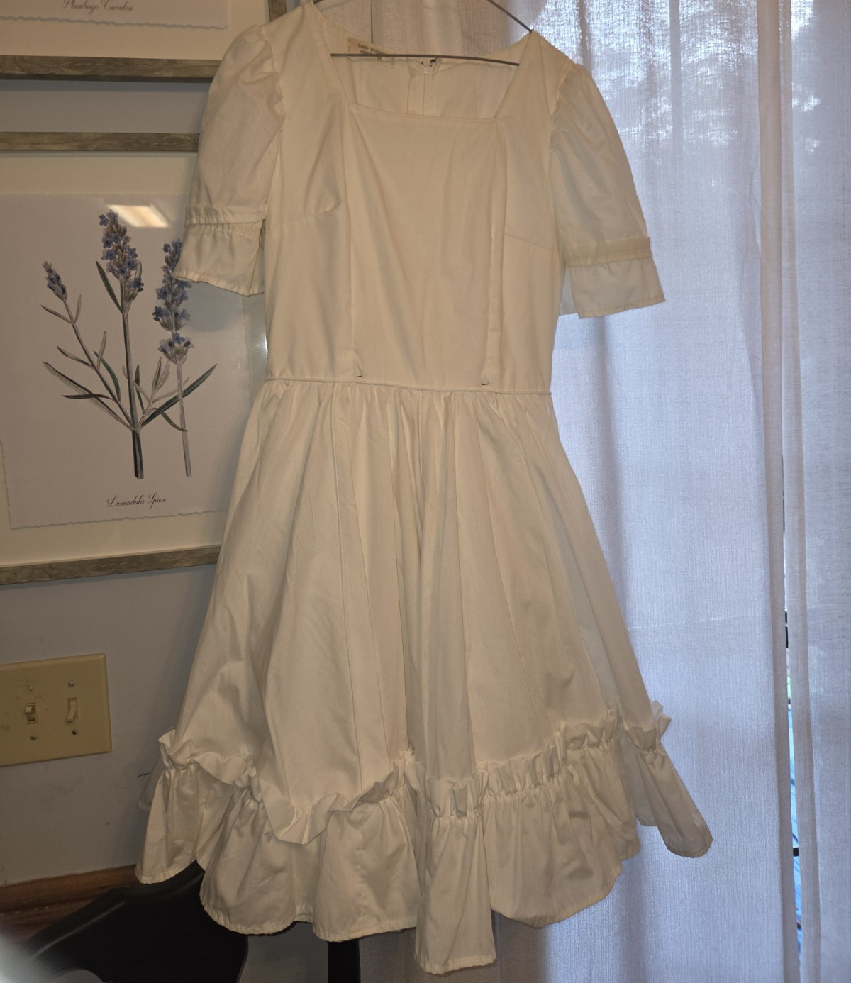 Sassy Stitchin’ White Fit & Flare Dress Short Puff Sleeves Ruffle Hem