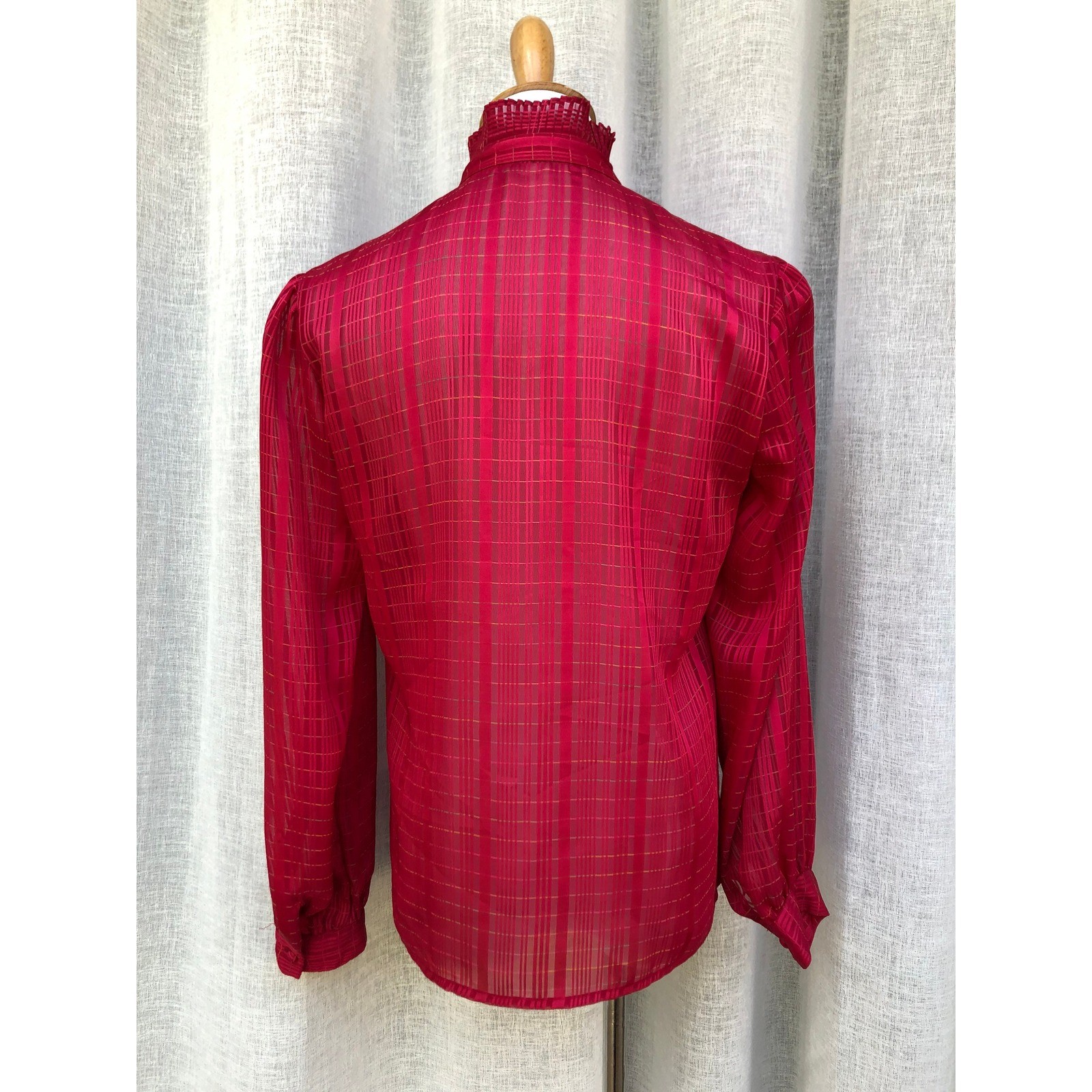 1980 bright red bright pink sheer stripes pleated collar blouse, size S