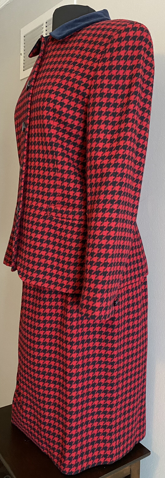 Vintage Rena Rowan for Saville Wool Jacket and Skirt Set Red Navy Houndstooth