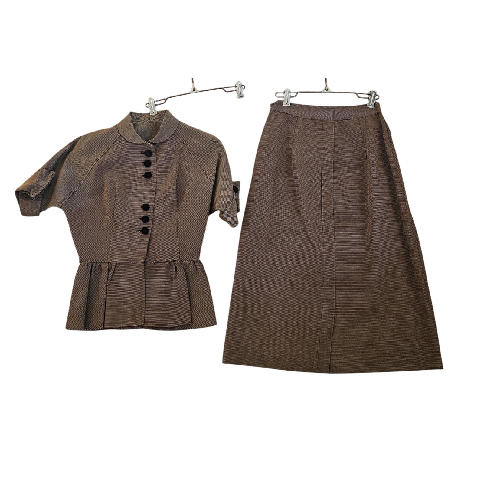 1940s Suit Dress Brown-Black Side Zip Grosgrain Type Fabric Sz 0-2 Vintage