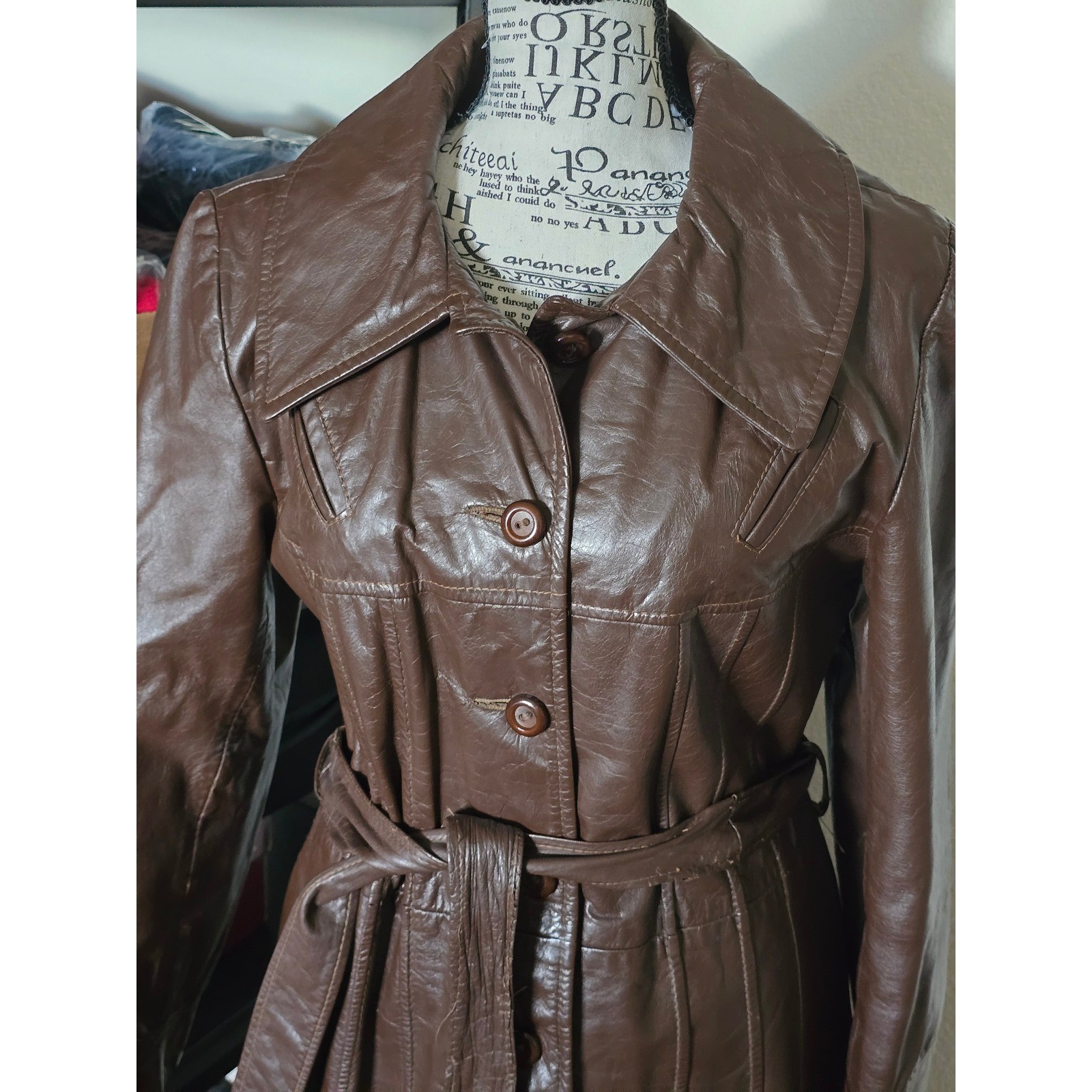 Vintage 70s Brown Leather Trench Coat Long Belted Womens 14 Junior Gallery Retro