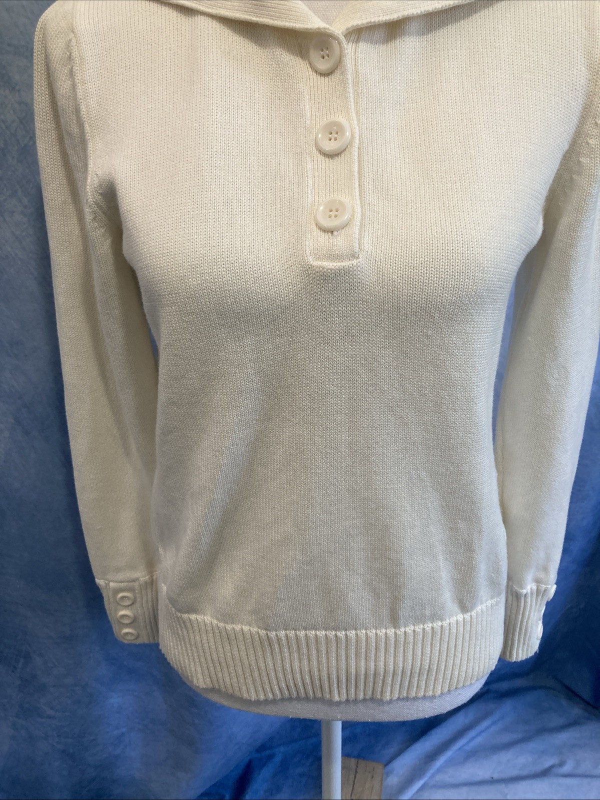 Vtg 90s Y2K August Silk Sailor Collar Sweater Womens M Ivory White Cotton Knit