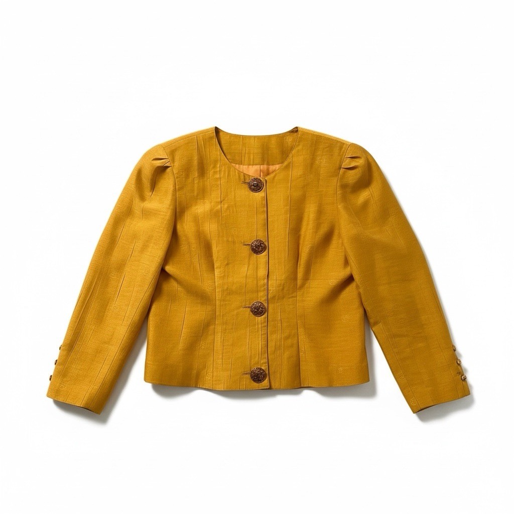 Vintage Bespoke Tailored Jacket Yellow Camellia Floral Buttons Women’s Medium