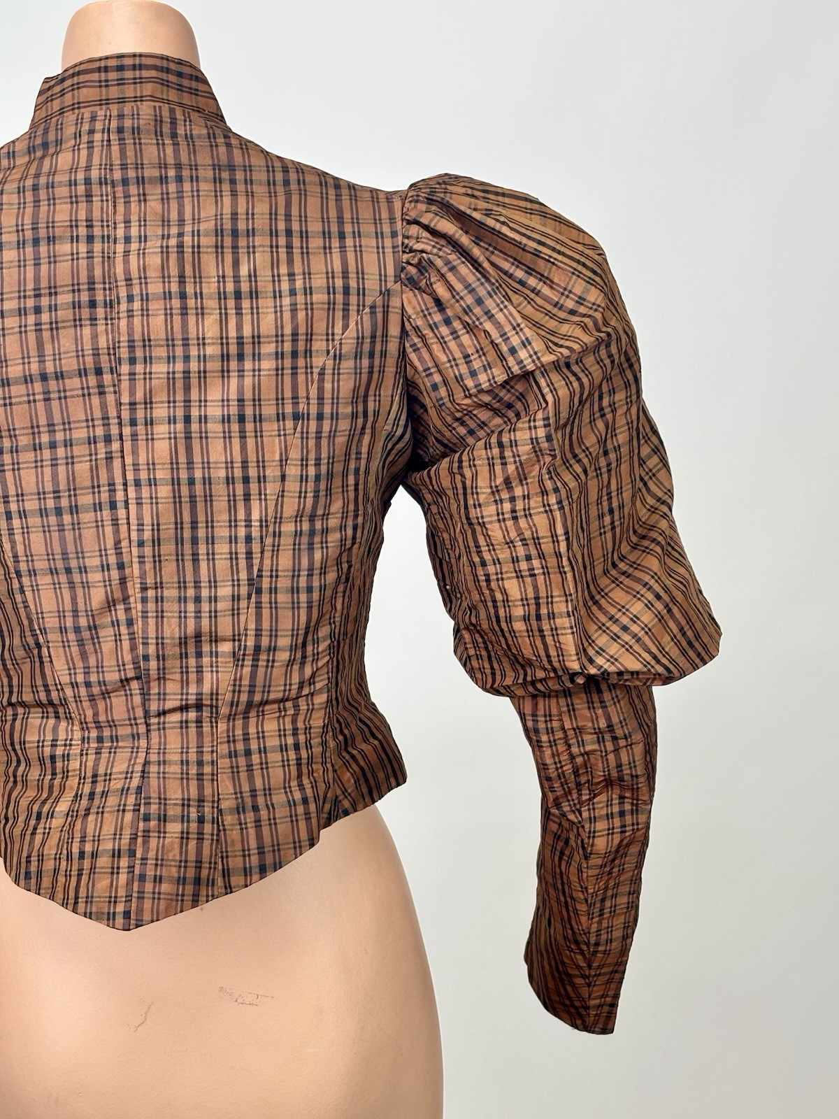 Antique Victorian 1890 Jacket Bodice Leg of Mutton Sleeve Brown Black Plaid Silk