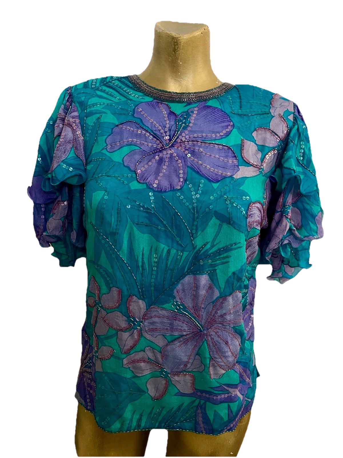 JUDITH ANN CREATIONS Vintage 80’s SILK Beaded TROPICAL Floral BLOUSE Size Small