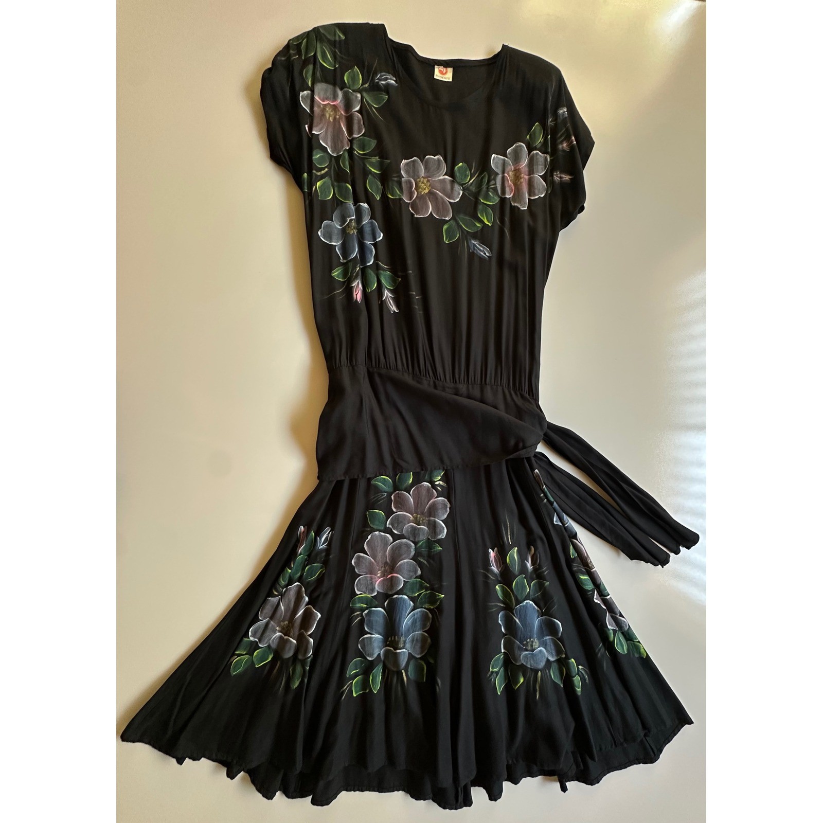 Phoenix Vintage Hand Painted Floral Black Midi Dress Shoulder Pads Tie Waist OS