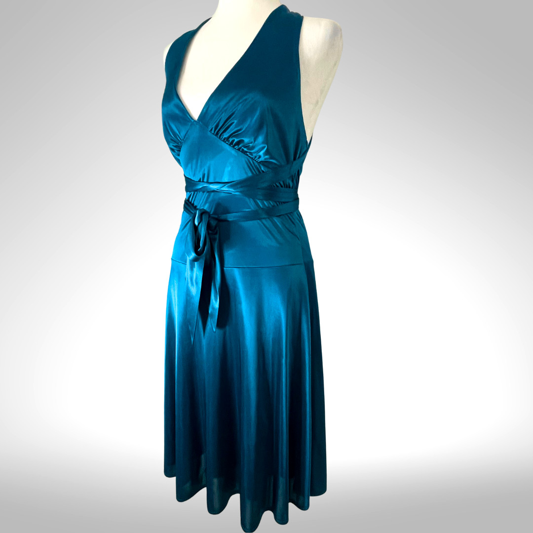 Blue Satin Halter Cocktail Dress Convertible Wrap Y2K Frederick’s Hollywood S/M