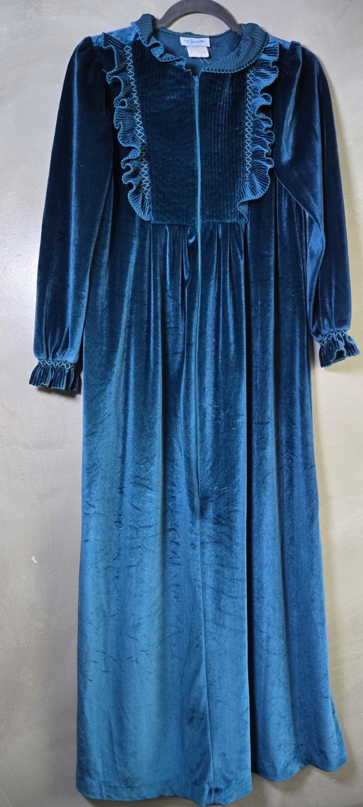 Vintage Teal Velvet Prairie Dress Ruffle Trim Made in USA Cottagecore