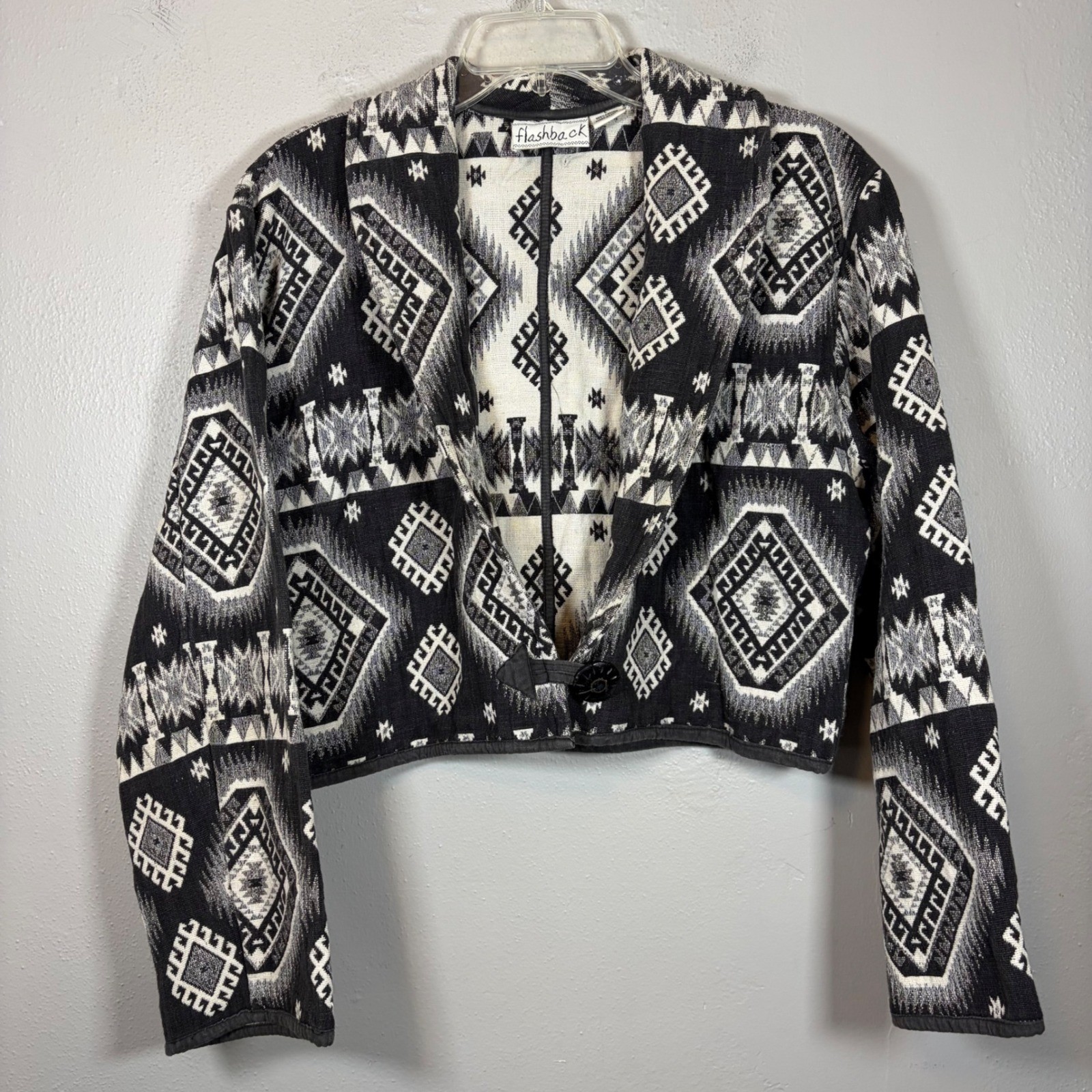 Flashback Vintage Southwestern Cropped Jacket Black White Woven Cotton Large
