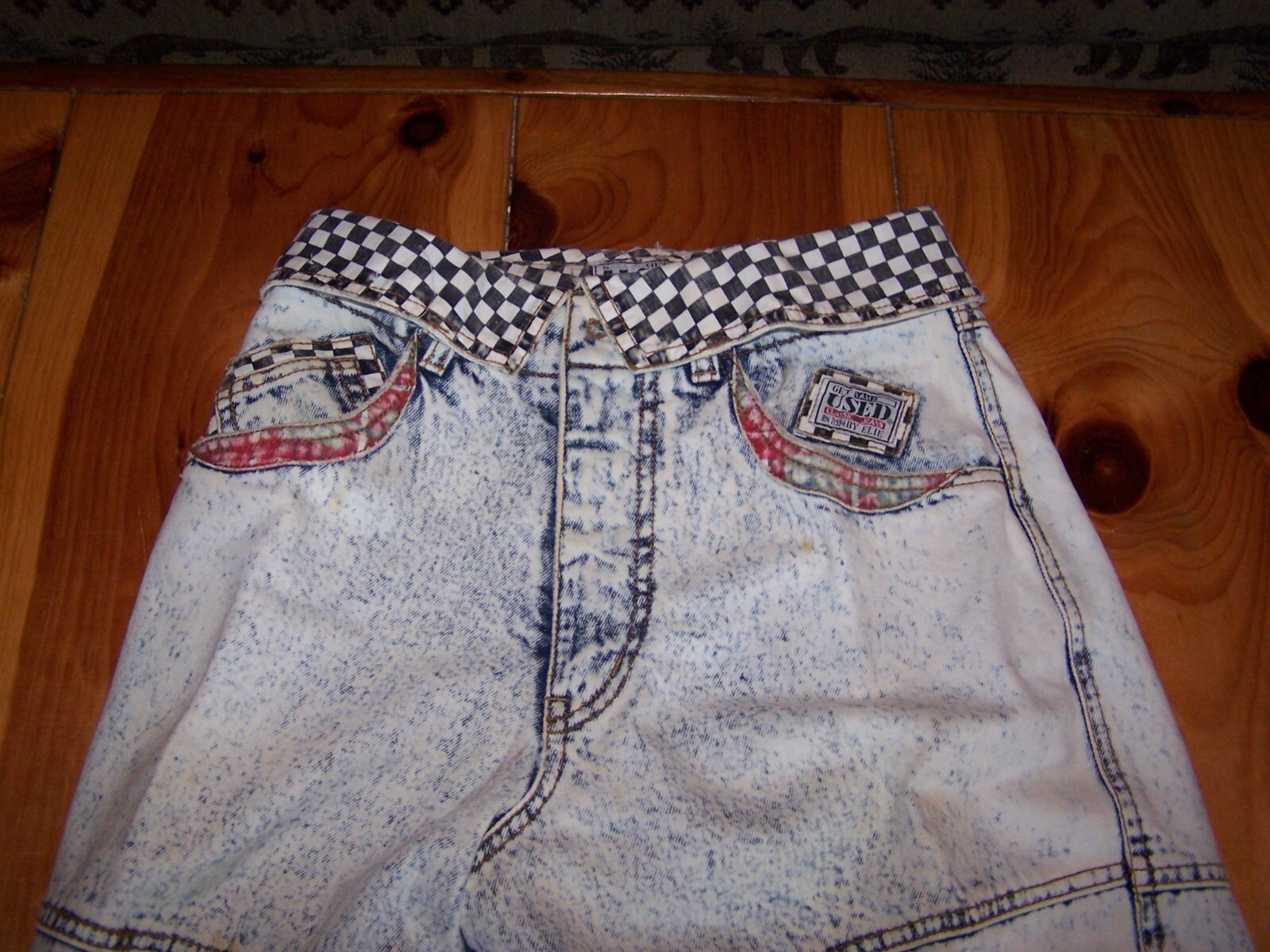 Vintage GET USED by ELIE High Waist Checked Plaid Patches Hip Hop Mom Jean 28