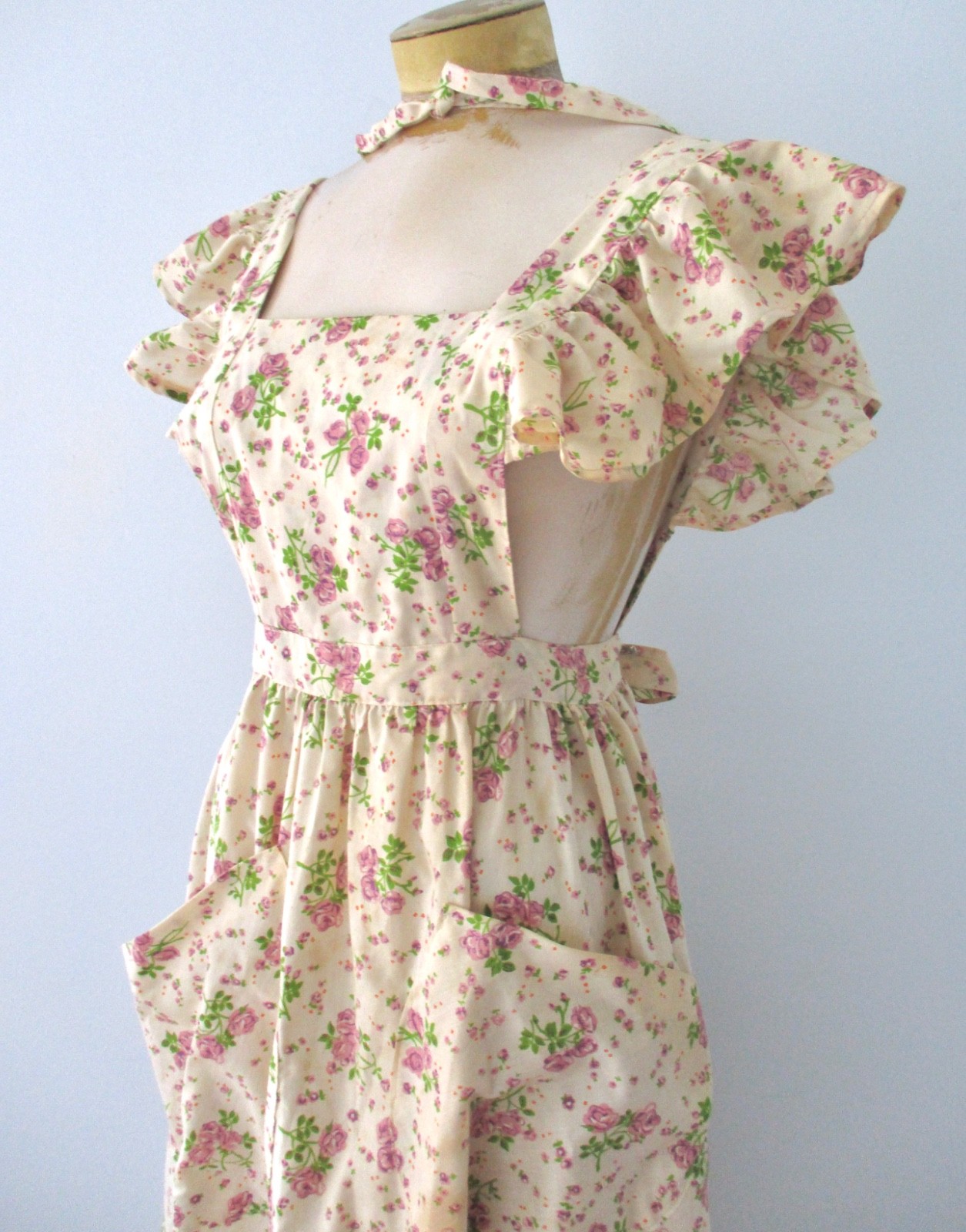 Vtg 70s beige purple floral prairie pioneer pinafore apron dress & bonnets M